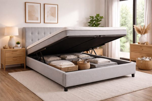 Canapé abatible abierto con espacio interior de almacenaje en dormitorio moderno