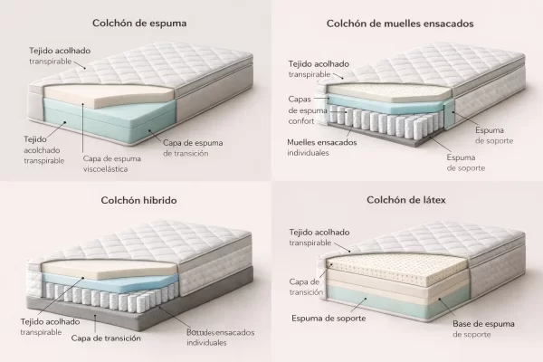 Detalle de capas y materiales en distintos tipos de colchones