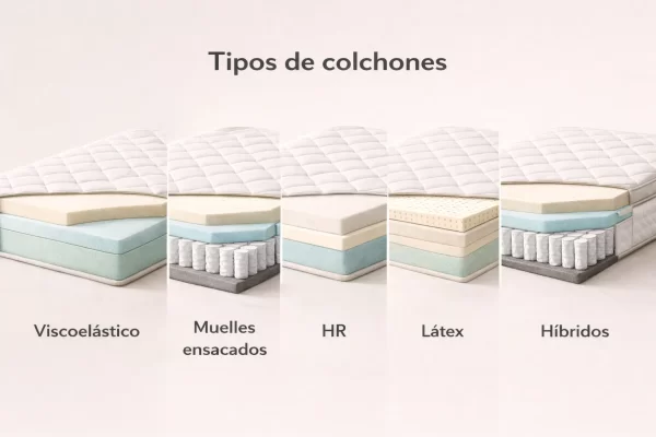 Tipos de colchones viscoelástico, muelles ensacados, HR, látex e híbridos